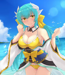 Rule 34 | 1girl, blush, bow, breasts, cleavage, closed mouth, cold (hoshinoskull), collarbone, fate/grand order, fate (series), green hair, hair bow, highres, horns, kiyohime (fate), kiyohime (swimsuit lancer) (first ascension) (fate), large breasts, long hair, looking at viewer, smile, solo, yellow bow, yellow eyes