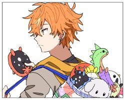 Rule 34 | 1boy, absurdres, bag, black shirt, close game/offline (project sekai), earrings, green eyes, grey jacket, highres, holding, holding bag, hood, hood down, hooded jacket, hoshi-toge, jacket, jewelry, looking to the side, male focus, orange hair, project sekai, shinonome akito, shirt, simple background, solo, stuffed animal, stuffed toy, upper body, white background