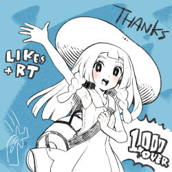 Rule 34 | 1girl, :d, arm up, armpits, bag, bare arms, blush, braid, bright pupils, collared dress, creatures (company), dress, duffel bag, eyelashes, game freak, happy, hat, highres, holding strap, kinocopro, lillie (pokemon), looking at viewer, milestone celebration, nintendo, open mouth, pokemon, pokemon sm, shoulder bag, sleeveless, sleeveless dress, smile, solo, sun hat, sundress, teeth, thank you, twin braids, upper teeth only
