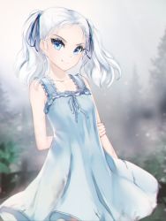 Rule 34 | 1girl, arm behind back, blue dress, blue eyes, blue ribbon, closed mouth, collarbone, dress, floating hair, gigamessy, hair ribbon, long hair, looking at viewer, original, ribbon, silver hair, sleeveless, sleeveless dress, smile, solo, standing, sundress, twintails