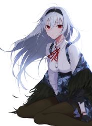 Rule 34 | 1girl, artist request, black pantyhose, blouse, camouflage, commentary request, feather-trimmed jacket, girls&#039; frontline, gloves, hair flowing over, hairband, highres, jacket, unworn jacket, pantyhose, red eyes, scar, scar on neck, shirt, sitting, solo, thunder (girls&#039; frontline), white hair, white shirt