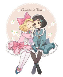Rule 34 | 2girls, aged down, artist name, black hair, blonde hair, blush, boots, bow, brown eyes, character name, closed eyes, curly hair, dated, dress, fantastic beasts and where to find them, flower, harry potter (series), multiple girls, nightcat, open mouth, pantyhose, porpentina goldstein, queenie goldstein, siblings, simple background, sisters, sitting, white background, wizarding world