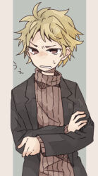 Rule 34 | 1boy, atou haruki, black jacket, blonde hair, brown eyes, brown sweater, clenched teeth, commentary request, crossed arms, honey-cassis, jacket, long sleeves, male focus, open clothes, open jacket, ribbed sweater, saibou shinkyoku, short hair, simple background, solo, surprised, sweat, sweater, teeth, translation request, turtleneck, turtleneck sweater, upper body