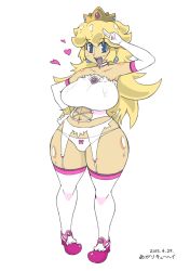 Rule 34 | 1girl, artist request, blonde hair, blue eyes, blush, breasts, curvy, elbow gloves, female focus, full body, garter belt, gloves, heart, large breasts, long hair, looking at viewer, mario (series), nintendo, open mouth, princess peach, shoes, simple background, solo, standing, super mario bros. 1, text focus, thick thighs, thighhighs, thighs, translation request, white background, wide hips