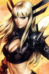 Rule 34 | 1girl, black gloves, blonde hair, blue eyes, breasts, cleavage, cleavage cutout, closed mouth, clothing cutout, fake horns, gloves, highres, horns, long hair, magik (x-men), marvel, medium breasts, midriff, shoulder spikes, signature, smile, spikes, stanley lau, x-men