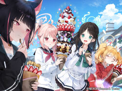Rule 34 | 4girls, ^ ^, after-school sweets club (blue archive), airi (blue archive), blue archive, blush, chocolate syrup, closed eyes, copyright notice, crepe, eating, food, fruit, halo, highres, holding, holding food, holding spoon, kazusa (blue archive), looking at another, macciatto (aciel02), multiple girls, natsu (blue archive), official art, outdoors, school uniform, spoon, strawberry, sweatdrop, yoshimi (blue archive)