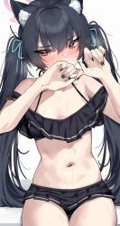 Rule 34 | 1girl, animal ear fluff, animal ears, bikini, bikini skirt, black bikini, black hair, black nails, blue archive, blush, breasts, cat ears, cat girl, cleavage, embarrassed, frilled bikini, frills, hair between eyes, halo, highres, long hair, looking at viewer, nail polish, navel, official alternate costume, pleated skirt, red eyes, serika (blue archive), serika (swimsuit) (blue archive), sidelocks, simple background, sitting, skirt, solo, spaghetti strap, stomach, swimsuit, twintails, wakamepiza, wet, wet clothes, wet swimsuit, white background