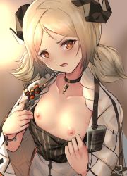 Rule 34 | 1girl, arknights, blonde hair, blush, breasts, breasts out, clothes pull, commentary, head tilt, highres, horns, ifrit (arknights), nipples, no bra, open mouth, orange eyes, pulling own clothes, small breasts, solo, take (trude1945oneetyan), twintails, undressing, upper body