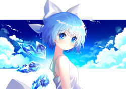 Rule 34 | 1girl, bare shoulders, blue eyes, blue hair, blush, bow, breasts, cirno, commentary request, dress, from side, hair bow, highres, ice, ice wings, looking at viewer, short hair, sleeveless, sleeveless dress, small breasts, solo, spaghetti strap, sundress, touhou, upper body, white dress, wings, yuujin (mhhnp306), yuujin (yuzinn333)