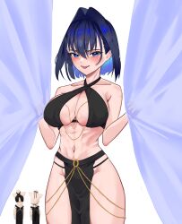 Rule 34 | 1girl, absurdres, black dress, blue eyes, blue hair, blush, breasts, curtains, dress, hair intakes, highres, hololive, hololive english, jewelry, koizumi arata, looking at viewer, multicolored hair, navel, open mouth, ouro kronii, pelvic curtain, revealing clothes, short hair, solo, virtual youtuber, white background, yomorio lingerie