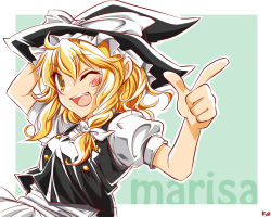Rule 34 | 1girl, blonde hair, blush, fang, female focus, finger gun, hand on headwear, hat, kirisame marisa, one eye closed, open mouth, ruo (cruzada), simple background, smile, solo, touhou, wink, witch, witch hat, yellow eyes