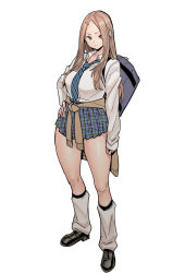 Rule 34 | 1girl, breasts, brown hair, clothes around waist, expressionless, gyaru, highres, large breasts, school uniform, shoes, solo, sweater around waist, velzhe
