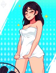 Rule 34 | 1girl, animated, animated gif, artist name, black hair, breasts, closed eyes, electric fan, fanning crotch, long hair, naked towel, original, pixel art, smile, solo, sparkle, standing, towel, yumykon
