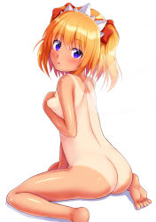 Rule 34 | 1girl, :o, ass, barefoot, blush, bow, breasts, ebi 193, fairy wings, hair bow, hairband, looking at viewer, nipples, nude, one-piece tan, orange hair, purple eyes, short hair, simple background, sitting, small breasts, solo, sunny milk, tan, tanline, touhou, twintails, wariza, white background, wings