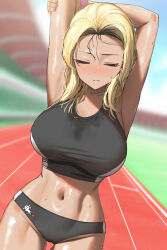 Rule 34 | 1girl, arm up, armpits, black shorts, black sports bra, blonde hair, breasts, clenched teeth, closed eyes, closed mouth, highres, large breasts, midriff, navel, original, purple eyes, running track, short shorts, shorts, solo, sports bra, sportswear, stretching, sweat, teeth, thighs, twin (tt lsh)