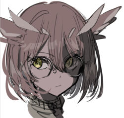 Rule 34 | 1girl, arknights, brown hair, close-up, glasses, short hair, silence (arknights), solo, tetuw, white background, yellow eyes