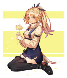 Rule 34 | 1girl, absurdres, arknights, black footwear, black skirt, black thighhighs, blue eyes, breasts, closed mouth, feather hair, feather hair ornament, feathers, flower, from side, full body, garter straps, hair ornament, high-waist skirt, highres, holding, holding flower, long hair, looking at viewer, looking to the side, medium breasts, orange hair, pinecone (arknights), ponytail, shouz, sitting, skindentation, skirt, smile, solo, suspender skirt, suspenders, sweater, thighhighs, turtleneck, turtleneck sweater, two-tone background, wariza, white background, yellow background, yellow flower, yellow sweater, zettai ryouiki