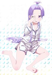 Rule 34 | 1girl, alternate hairstyle, arm support, barefoot, blue scrunchie, collarbone, dress shirt, feet, flat chest, full body, hair ornament, hair scrunchie, highres, long hair, looking at viewer, makicha (sasurainopink), new game!, one eye closed, open mouth, pajamas, purple eyes, purple hair, scrunchie, shiny skin, shirt, short shorts, shorts, sitting, soles, solo, suzukaze aoba, very long hair, white background, white shirt, white shorts