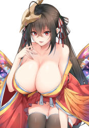 Rule 34 | 1girl, ahoge, all fours, azur lane, bare shoulders, black hair, black thighhighs, blush, breasts, brown thighhighs, chixiao, cleavage, collarbone, commentary, crossed bangs, feathers, hair between eyes, hair ribbon, hand up, highres, huge breasts, japanese clothes, kimono, long hair, looking at viewer, mask, mask on head, obi, off shoulder, open mouth, pleated skirt, red eyes, red kimono, red ribbon, red skirt, ribbon, sash, simple background, skindentation, skirt, smile, solo, striped ribbon, taihou (azur lane), thighhighs, twintails, very long hair, white background, wide sleeves