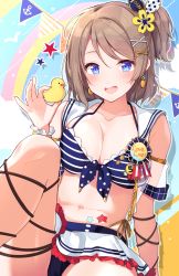 Rule 34 | 1girl, :d, bare shoulders, bikini, blue bikini, blue eyes, breasts, brown hair, cleavage, earrings, front-tie bikini top, front-tie top, goroo (eneosu), hair ornament, highres, jewelry, knee up, large breasts, looking at viewer, love live!, love live! sunshine!!, midriff, miniskirt, navel, one side up, open clothes, open mouth, rubber duck, sailor bikini, sailor collar, see-through, short hair, sidelocks, sitting, skirt, smile, solo, stomach, striped bikini, striped clothes, swimsuit, thighs, watanabe you, white skirt, wrist cuffs, x hair ornament