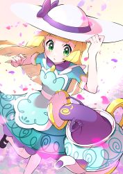 Rule 34 | 1girl, absurdres, apron, black footwear, blonde hair, blush, commentary request, creatures (company), dress, eyelashes, falling petals, game freak, gen 8 pokemon, green dress, green eyes, hand on headwear, hat, hat ribbon, highres, lillie (pokemon), lillie (special costume) (pokemon), long hair, nintendo, official alternate costume, pantyhose, parted lips, petals, pokemon, pokemon masters ex, polteageist, pon yui, purple ribbon, ribbon, shoes, short sleeves, white headwear, white pantyhose