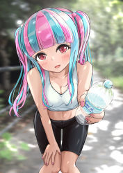 Rule 34 | 1girl, absurdres, bang dream!, bare shoulders, black shorts, blue hair, blush, bottle, breasts, cleavage, collarbone, drink, hair bobbles, hair ornament, highres, leaning forward, long hair, looking at viewer, midriff, multicolored hair, navel, nyubara reona, open mouth, outdoors, pink hair, red eyes, shirt, shorts, smile, solo, sportswear, tank top, twintails, two-tone hair, uni ikura, water, water bottle, white shirt