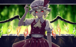 Rule 34 | 1girl, absurdres, bad id, bad pixiv id, character name, closed mouth, dress shirt, eit (ikeuchi), flandre scarlet, hair between eyes, hat, highres, looking at viewer, pleated skirt, red eyes, red skirt, shirt, short hair, short sleeves, silver hair, skirt, solo, standing, touhou, white hat, white shirt, wings