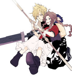 Rule 34 | 1boy, 1girl, absurdres, aerith gainsborough, arm around waist, armor, bangle, black pants, blonde hair, blue eyes, boots, bracelet, braid, braided ponytail, brown footwear, brown hair, buster sword, cloud strife, colored eyelashes, couple, cropped jacket, demi co, dress, final fantasy, final fantasy vii, final fantasy vii rebirth, final fantasy vii remake, full body, green eyes, hair between eyes, hair ribbon, hetero, highres, holding, holding staff, holding sword, holding weapon, jacket, jewelry, light blush, long dress, long hair, on one knee, open mouth, pants, parted bangs, parted lips, pink dress, pink ribbon, red jacket, ribbon, shirt, short hair, short sleeves, shoulder armor, sidelocks, single bare shoulder, single braid, single shoulder pad, sleeveless, sleeveless shirt, smile, spiked hair, staff, sweatdrop, sword, wavy hair, weapon, white background