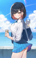 Rule 34 | 1girl, absurdres, ass, bag, black hair, blue necktie, blue skirt, breast pocket, breasts, brown hair, can, cat, collared shirt, day, duffel bag, georgia max coffee, grin, highres, holding, holding can, large breasts, long sleeves, looking at viewer, mole, mole under eye, multicolored hair, necktie, original, outdoors, parted lips, piyo (pixiv 2308057), pleated skirt, pocket, rainbow, school uniform, shirt, short hair, skirt, smile, solo, teeth, white shirt, yellow eyes