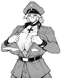 1girl absurdres areola_slip belt breasts character_request choker cleavage collar cross female_focus half-closed_eyes hat highres huge_breasts military military_uniform monochrome no_bra shiny_skin short_hair skull solo standing sweat thirty_8ght undressing white_background