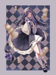 Rule 34 | 1girl, aramosaurus, black dress, black footwear, blue bow, blue bowtie, blue hair, blunt bangs, bow, bowtie, cat tail, checkered background, chess piece, cup, dress, frederica bernkastel, full body, hair between eyes, highres, holding, holding cup, lolita fashion, long hair, long sleeves, looking at viewer, parted lips, purple eyes, sidelocks, simple background, socks, solo, tail, umineko no naku koro ni, white socks, wide sleeves, witch