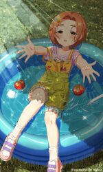 Rule 34 | 1girl, :o, absurdres, blush, collarbone, forehead, grass, highres, hmax, idolmaster, idolmaster cinderella girls, light rays, looking at viewer, outdoors, overall shorts, overalls, parted bangs, reaching, reaching towards viewer, ryuzaki kaoru, solo, tomato, wading pool, water, water drop, wet, wet clothes, wet hair, yellow overalls