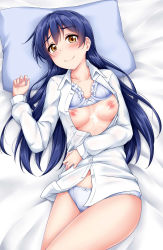 Rule 34 | 10s, 1girl, bed sheet, blue hair, blush, bra, bra lift, breasts, collared shirt, cum, cum on body, cum on breasts, cum on upper body, frilled bra, frills, highres, long hair, long sleeves, looking at viewer, love live!, love live! school idol project, lying, navel, nipples, no pants, on back, panties, pillow, ribbon-trimmed bra, shirt, small breasts, smile, solo, sonoda umi, unbuttoned, underwear, white shirt, yellow eyes, yopparai oni