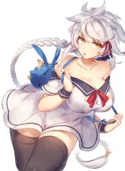 Rule 34 | 1girl, asymmetrical hair, bad id, bad tumblr id, bare shoulders, black thighhighs, blue ribbon, braid, breasts, buttons, cleavage, collarbone, dress, failure penguin, hair ribbon, hip focus, jitome, kantai collection, large breasts, long hair, off shoulder, open mouth, pokoten (pokoten718), red ribbon, ribbon, sailor dress, silver hair, simple background, single braid, solo, thighhighs, thighs, unryuu (kancolle), very long hair, wavy hair, white background, white dress, wrist cuffs, yellow eyes, zettai ryouiki