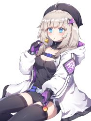 Rule 34 | 1girl, :o, aa-12 (girls&#039; frontline), ahoge, black hat, black shorts, black sweater, black thighhighs, blue eyes, blush, breasts, buckle, candy, cleavage, collarbone, detached collar, food, girls&#039; frontline, gloves, grey hair, hair ornament, hat, highres, holding, holding candy, holding food, holding lollipop, hood, hood down, hooded jacket, jacket, kaoling, lollipop, long hair, long sleeves, looking at viewer, medium breasts, parted lips, puffy long sleeves, puffy sleeves, purple gloves, ribbed sweater, short shorts, shorts, simple background, sitting, snap-fit buckle, solo, star (symbol), star hair ornament, sweater, thighhighs, turtleneck, turtleneck sweater, white background, white jacket