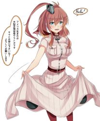 Rule 34 | 10s, 1girl, anchor, ascot, belt, blue eyes, breast pocket, breasts, brown hair, clothes lift, dress, hair between eyes, ido (teketeke), kantai collection, large breasts, lifting own clothes, long hair, neckerchief, pocket, ponytail, red ascot, red legwear, red neckerchief, saratoga (kancolle), side ponytail, sidelocks, skirt, skirt lift, solo, translation request, white dress