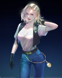 Rule 34 | 1girl, android 18, bead necklace, beads, black gloves, black vest, blonde hair, blue eyes, closed mouth, cyborg, denim, dragon ball, dragonball z, earrings, gloves, hand in own hair, highres, jeans, jewelry, kuririn, lips, looking at viewer, medium hair, necklace, pants, red lips, short sleeves, simple background, smile, vest, wandzardeen, watermark, web address