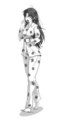 Rule 34 | 1girl, absurdres, ahoge, animal print, barefoot, black hair, blush, breasts, cat print, closed eyes, coffee cup, collared shirt, cup, disposable cup, fate/stay night, fate (series), full body, greyscale, hair down, hand up, highres, holding, holding cup, l2tp, long hair, long sleeves, medium breasts, messy hair, monochrome, open mouth, pajamas, pants, print pajamas, shirt, solo, standing, tohsaka rin, very long hair, waking up, yawning