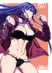 Rule 34 | 1girl, abs, aoba (smartbeat), bikini, black bikini, blue eyes, blunt bangs, border, breasts, choker, cleavage, clenched hands, closed mouth, collarbone, cowboy shot, cross, cross choker, earrings, fate/grand order, fate (series), fighting stance, frilled bikini, frills, hair between eyes, highres, jacket, jewelry, large breasts, long hair, long sleeves, martha (fate), martha (swimsuit ruler) (fate), martha (swimsuit ruler) (second ascension) (fate), navel, open clothes, open jacket, orange background, purple hair, red jacket, solo, standing, straight hair, swimsuit, thighs, white border
