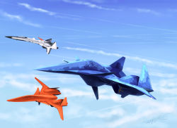 Rule 34 | ace combat, ace combat zero, adf-01 falken, adfx-02 morgan, aircraft, airplane, cloud, contrail, day, fighter jet, forward-swept wing, highres, jet, larry foulke, military, military vehicle, pilot, prototype design, signature, sky, thompson (solowingfh), vehicle focus