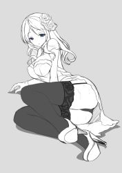 Rule 34 | 1girl, ass, black panties, black thighhighs, blue eyes, breasts, fatkewell, flower, garter straps, grey background, greyscale, hair flower, hair ornament, high heels, lace, lace-trimmed legwear, lace trim, large breasts, lying, monochrome, on side, panties, simple background, sketch, solo, spot color, thighhighs, underwear