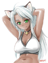 Rule 34 | 1girl, ahoge, animal ears, armpits, arms behind head, arms up, bare arms, bare shoulders, bell, black choker, breasts, cat ears, choker, cleavage, closed mouth, copyright request, crop top, dark-skinned female, dark skin, ebifly, fang, fang out, green eyes, hands in hair, jingle bell, large breasts, long hair, looking at viewer, navel, neck bell, simple background, slit pupils, smile, solo, twitter username, upper body, white background, white hair