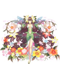 Rule 34 | 1girl, :o, absurdly long hair, awakening (sennen sensou aigis), braid, brown hair, center opening, dress, fiery hermit of fiore, fiore (sennen sensou aigis), flower, flower necklace, full body, green eyes, hair flower, hair ornament, highres, jewelry, long hair, long sleeves, looking at viewer, navel, necklace, official art, outstretched arms, outstretched hand, petals, plant, sennen sensou aigis, solo, too many, transparent background, twin braids, very long hair, zhitian liang
