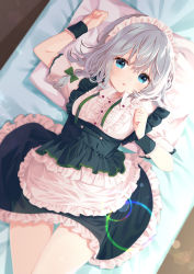 Rule 34 | 1girl, absurdres, apron, blue eyes, blush, bow, braid, breasts, grey hair, hair between eyes, hair bow, highres, indoors, izayoi sakuya, looking at viewer, looking up, lying, maid, maid apron, maid headdress, on back, on bed, open mouth, samayoi, short hair, single braid, small breasts, solo, thighs, touhou