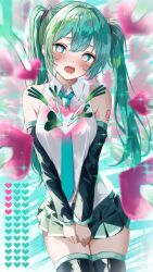 Rule 34 | 1girl, aqua eyes, aqua hair, aqua necktie, arm tattoo, arrow (projectile), arrow through heart, bare shoulders, black footwear, black sleeves, blush, boots, collared shirt, commentary, cowboy shot, detached sleeves, drooling, green skirt, grey shirt, hair between eyes, hair ornament, hatsune miku, heart, heart-shaped pupils, highres, long hair, looking at viewer, motion blur, necktie, number tattoo, open mouth, pleated skirt, shirt, shirubaa, signature, skirt, sleeveless, sleeveless shirt, solo, sparkle, spring onion, standing, symbol-shaped pupils, tattoo, tearing up, teeth, thigh boots, thighhighs, twintails, upper teeth only, v arms, vocaloid, zettai ryouiki