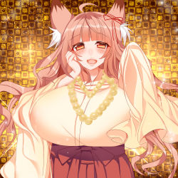 Rule 34 | 1girl, ahoge, animal ears, blush, breasts, brown eyes, brown hair, concon-collector, eyebrows, fox ears, fox girl, gigantic breasts, hakama, hakama skirt, hand on own cheek, hand on own face, highres, japanese clothes, light brown hair, lips, long hair, looking at viewer, matching hair/eyes, miko, nakahashi mizuki, open mouth, original, red hakama, skirt, smile, solo, upper body, very long hair, wavy hair