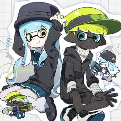 1boy 1girl adjusting_clothes adjusting_headwear arms_up ballpoint_splatling_(splatoon) black_cardigan black_footwear black_hat black_jacket black_shorts blue_bow blue_bowtie blue_eyes blue_hair blue_hat blue_skirt boater_hat bow bowtie cardigan chibi chibi_inset closed_mouth collared_shirt dark-skinned_male dark_skin dot_mouth dot_nose green_hair hands_on_headwear hat hg_swdiary highres holding holding_weapon inkling inkling_boy inkling_girl inkling_player_character invisible_chair jacket long_hair long_sleeves nintendo pleated_skirt pointy_ears shirt short_hair shorts sidelocks sitting skirt smile socks splatoon_(series) sweater tentacle_hair turtleneck turtleneck_sweater very_dark_skin visor_cap weapon white_shirt white_socks white_sweater yellow_eyes