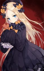 Rule 34 | 1girl, abigail williams (fate), bad id, bad twitter id, black dress, bow, dress, fate/grand order, fate (series), hands in opposite sleeves, holding, holding stuffed toy, liby (libtnvd), orange bow, parted bangs, polka dot, polka dot bow, stuffed animal, stuffed toy, teddy bear