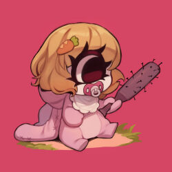 Rule 34 | 1girl, animal hood, baby, baseball bat, blonde hair, brown eyes, carrot hair ornament, colored skin, commentary, cyclops, food-themed hair ornament, grass, hair ornament, highres, holding, holding baseball bat, hood, nail, nail bat, one-eyed, onesie, original, pacifier, rabbit hood, red background, sitting, solo, white skin, zombiemiso