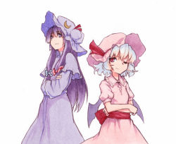 Rule 34 | 2girls, bad id, bad pixiv id, bat wings, blue hair, bow, capelet, cowboy shot, crescent, crescent hair ornament, crossed arms, double bun, graphite (medium), hair bow, hair bun, hair ornament, hat, hat ribbon, light smile, long hair, looking at viewer, marker (medium), mob cap, multiple girls, one eye closed, patchouli knowledge, puffy short sleeves, puffy sleeves, purple eyes, purple hair, red eyes, remilia scarlet, ribbon, robe, sash, shiratama (hockey), short hair, short sleeves, sidelocks, simple background, skirt, skirt set, smirk, touhou, traditional media, white background, wings